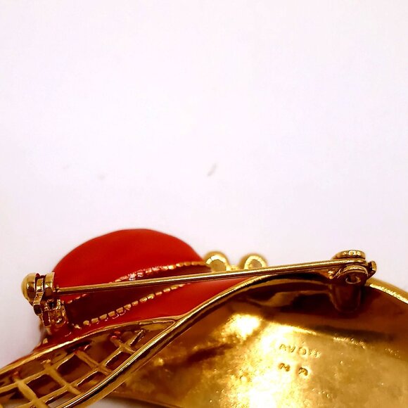 Vintage Avon Brooch Gold Tone Red Enamel Hat Rhinestone Flower Accents Lapel Pin - Picture 7 of 12
